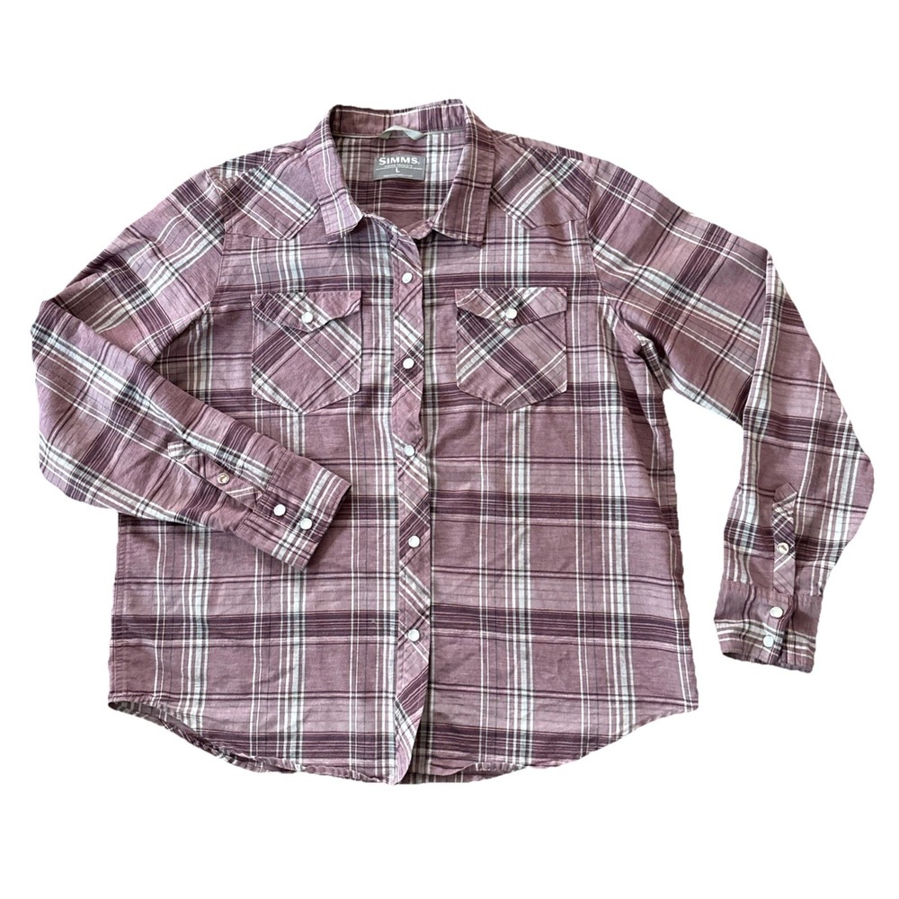 Simms Pearl Snap Plaid Shirt Men L Cotton Linen Western Fishing Outdoor Vented